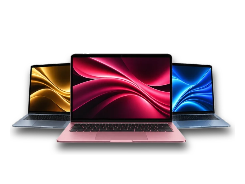 Three open laptops in rose gold and blue, screens lit