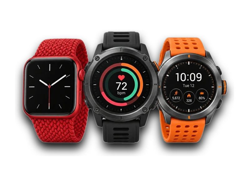 Three smartwatches: a red-banded square face and two round sports watches