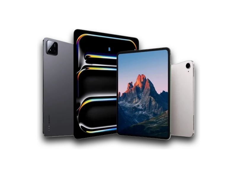 Four tablets fanned out, two face-on and two showing their backs