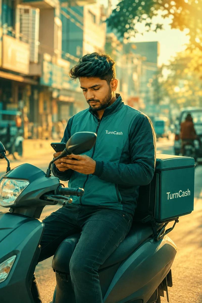 A TurnCash rider checking the next pickup on his phone, seated on his scooter
