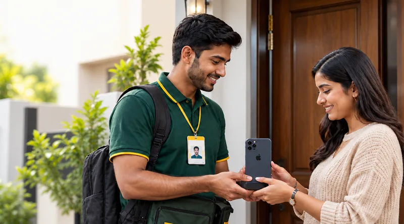 A TurnCash agent collecting an iPhone from a customer at her front door