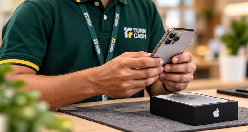 A TurnCash agent checking an iPhone at the table, its box beside it